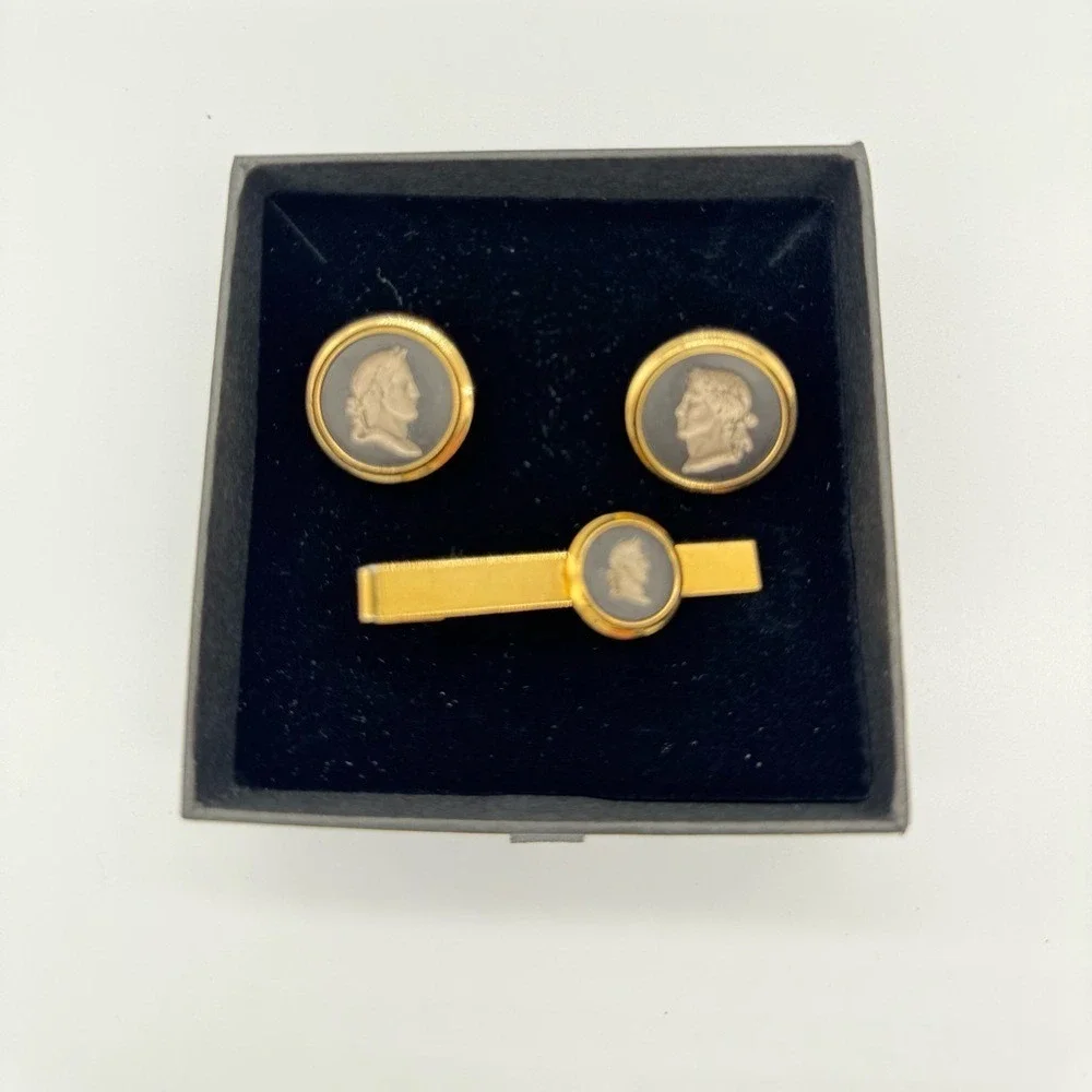 Wedgwood black Cameo Cufflinks Tie Clip‎ Set Gold Tone Mens Formal Gift for him